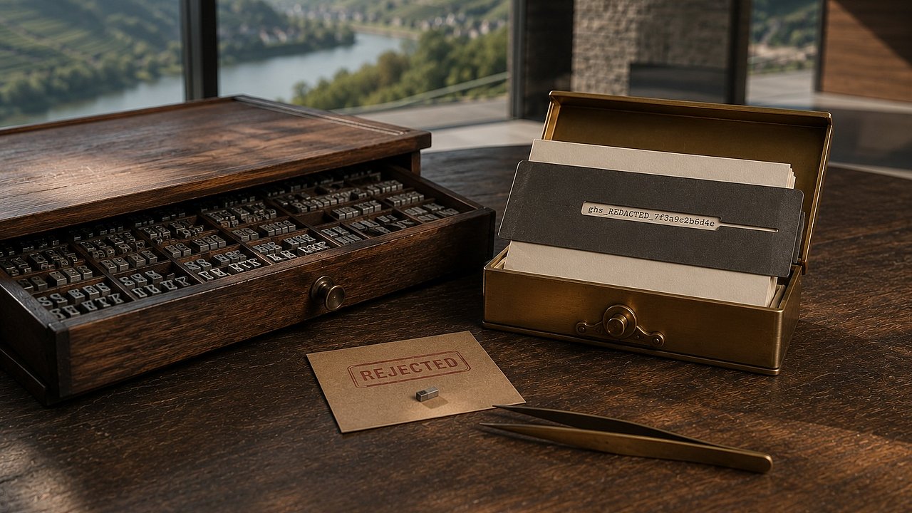 Handgesetzter Drucker-Setzkasten aus Walnuss mit Metalllettern, ein separates Hyphen-Type auf einem Kraftpaper-Etikett mit oxblutfarbenem REJECTED-Stempelabdruck. Daneben eine messingfarbene Karteikartenkassette mit halb herausgezogener Karte, deren Token-String von einer Stencil-Schablone teilweise verdeckt ist. Im Hintergrund die helle Glasfront eines modernen Moselhauses mit sonnigem Weinberg-Hang.