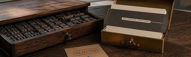 Hand-set printer's type case in walnut with metal letters, a single hyphen type on a kraft paper label with oxblood REJECTED stamp ink. Beside it a brushed-brass index-card cassette with one card pulled out, its token string partially covered by a stencil. In the background the bright glass front of a modern Mosel house with sunny vineyard slopes.