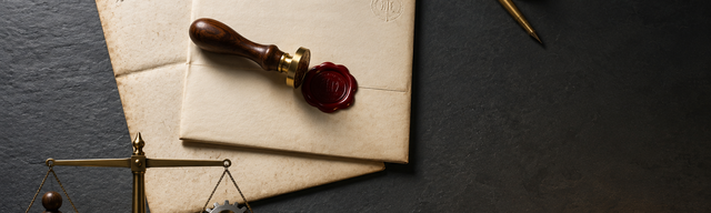 Overhead still-life on a matte dark slate surface that reads as the working table of a continental social-doctrine archivist: two paper-cream folded documents lie slightly overlapping, the lower aged with fox-marked edges and fountain-pen-grey shorthand along the upper margin, the upper freshly pressed with a small embossed cataloguer's circular mark in the upper-right corner. Resting at a slight angle across both documents is a walnut-handled brass seal head, aligned over a freshly pressed wax pool in deep saturated oxblood lacquer dead-centre on the upper document - the only saturated colour in the frame. Lower left, a brushed-brass equal-arm balance on a small brushed-steel base: on the left pan a small carved walnut figurine of a human silhouette, on the right pan a brushed-steel toothed cog wheel of equal mass, the arms level. Upper right in the negative space, a brushed-brass dip pen and a small brass paperweight rest slightly angled on the slate. Cool studio key light from the upper left, faint warm rim light from the lower right; the background fades to slate grey and near-black on the right edge, leaving room for the title overlay.