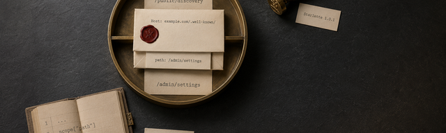 Overhead still life on a matte dark slate surface, the working table of a routing auditor. At centre, a low circular brushed-brass sorting tray with a thin central bar dividing the tray into two pigeonholes — the left one stamped /public/discovery, the right one stamped /admin/settings, both in monospaced letterpress. Lying across the central bar, a single paper-cream letter: its upper half stamped Host: example.com/.well-known/ protrudes into the /public pigeonhole, while its lower half with the slip path: /admin/settings protrudes into the /admin pigeonhole. On the upper /public half of the letter sits a single deep oxblood wax drop, pressed with a brushed-brass embossing seal as the auth stamp. Lower left, an open linen-bound audit ledger with three monospaced pencil entries, one of them legibly reading scope["path"], beside a paper-cream index card with the monospaced letterpress label CWE-444. Upper right, within the negative space, a brushed-brass embossing stamp with a walnut handle and a second paper-cream index card with the letterpress label Starlette 1.0.1. Cool studio key light from upper left, gentle warm rim light from lower right; the background fades into slate grey and near-black at the right edge, leaving room for a title overlay.