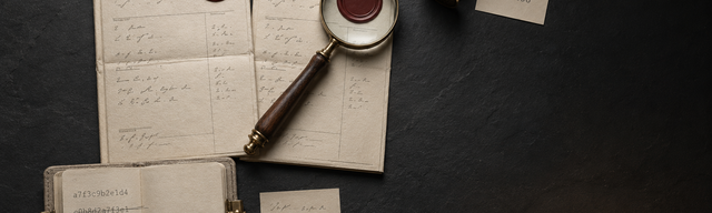Overhead still life on a matte dark slate surface as the working table of a model-provenance auditor: two near-identical paper-cream model manifests, slightly overlapping; the left carries an intact, precisely pressed deep oxblood wax seal with a crisp embossed cipher mark; the right carries a near-identical seal in the same oxblood and form but the embossed cipher mark in its centre has been cleanly lifted out with a fine blade, the surrounding wax undisturbed. A brushed-brass magnifying lens with walnut handle rests diagonally across the seam, the glass placed exactly over the altered seal. A linen-bound provenance ledger with three monospaced SHA abbreviations in pencil, one struck through; a brass embossing stamp and a SHA-256 index card in the right-hand negative space. Cool studio key light from the upper left, faint warm rim light from the lower right; the backdrop fades into slate grey and near-black on the right edge, leaving negative space for a title overlay.