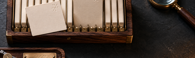 Walnut-and-brass archive box with cream address-cards on matte slate; one card lifted halfway out, a substituted card with an identical embossed mark inserted in its place, brass tweezers gripping the substitution — a hidden oxblood wax seal on the back of the substituted card.