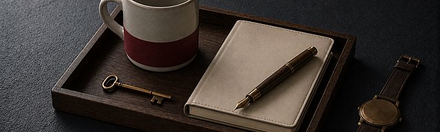 [Translate to English:] Eine dunkle Walnussplatte auf glattem Beton mit einer präzise angeordneten Tasse mit oxblutfarbener Banderole, einem geschlossenen cremefarbenen Notizbuch, einem messingbespitzten Füllfederhalter und einem kleinen Messingschlüssel; daneben eine alte Armbanduhr im kühlen Nordlicht.