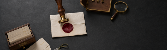 A walnut-and-brass notarial seal press stands just left of centre on a matte dark slate surface, freshly lifted from a still-warm oxblood wax impression on a folded cream-paper docket. To the lower left, a half-open walnut card-catalogue drawer holds four fanned cream index cards, each stamped with a faint brass registry number in illegible shorthand and a small inked tick mark, beside a tilted brushed-steel inspection tag. To the upper right, an open brass-and-walnut key cabinet displays three brass keys hanging from numbered hooks (numbers illegible), with one hook empty; next to it lies a brass cartographer's magnifier, glass-down on the slate. Cool studio key light from the upper left, a faint warm rim light from the lower right; the right third of the frame is near-black negative space. The only saturated colour in the image is the warm oxblood wax mark beneath the seal press. Metaphor for the Gemini Enterprise Agent Platform governance trio: seal press (identity), key cabinet (authorisation), card catalogue (registry) as three instruments of the same archival vocabulary.