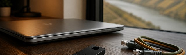 Matte-black hardware security token placed diagonally on a dark oak desk, next to a bundle of short patch cables in muted tones, the Mosel valley subtly visible through the window in the background — sovereignty anchor in the SSH context.
