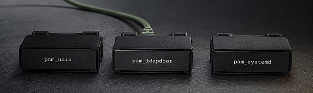 Three matte-black authentication module cartridges in a row on a slate-grey surface, two with identical distribution labels, the middle one subtly different with minimal label offset and a sage-green patch cable looping off-frame to the upper left — metaphor for the substitution of a PAM module by a hard-to-detect backdoor, cool studio light.