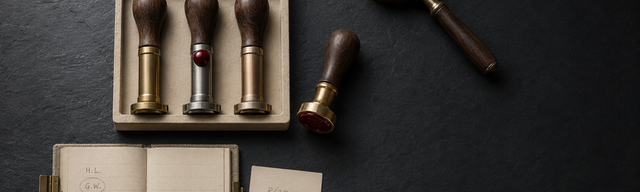 Overhead on slate: paper-cream typesetter's tray labelled MESSAGES holds three identically shaped stamps in brushed brass, brushed steel and pale bronze. Oxblood wax pearl on the middle stamp and on the brass petschaft beside it - the only saturated colour. Lower-left routing ledger, one of three pencilled abbreviations circled. Brass magnifying lens upper-right.