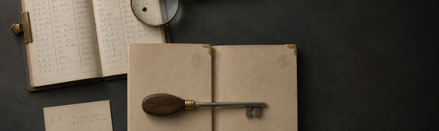 Overhead still life on a matte dark slate surface that reads as a CMS operator's maintenance bench: two paper-cream maintenance dossiers labelled 14.3.2 and 13.4.30, a brushed-brass key with a walnut handle laid across the seam between them; to the left an opened linen-bound dependency ledger with a single drop of deep saturated oxblood ink marking one transitive dependency line that triggered this maintenance drop. Upper-right, a brushed-brass magnifier in negative space.
