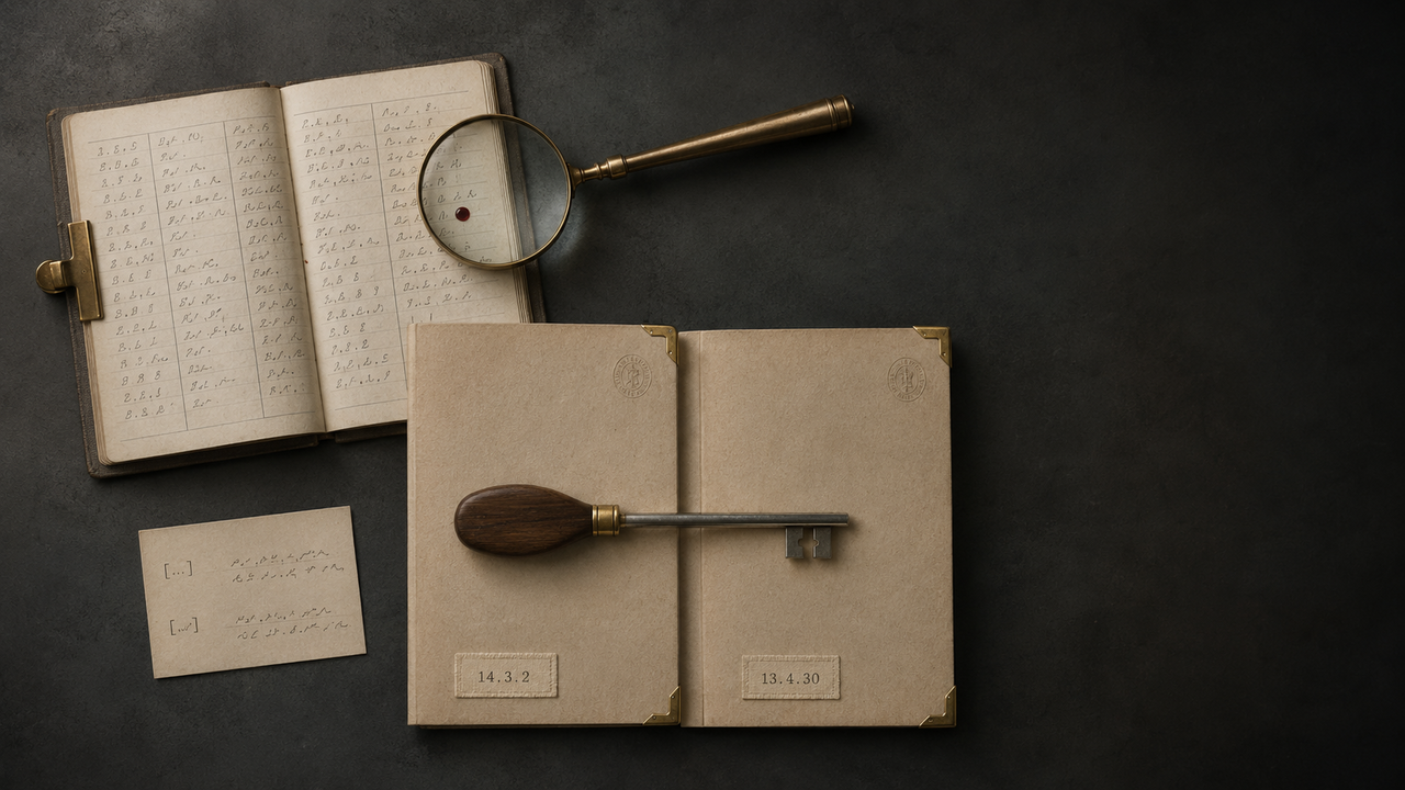 TYPO3 14.3.2 und 13.4.30 — Maintenance-Releases mit Symfony- und Composer-Constraint-Raise Aufsicht-Stillleben auf matter dunkler Schieferfläche als Maintenance-Bench eines CMS-Operators: zwei cremefarbene Wartungs-Dossiers mit Etiketten 14.3.2 und 13.4.30, quer darüber ein brünierter Messing-Schlüssel mit Walnussgriff; links daneben ein aufgeschlagenes Dependency-Hauptbuch, in dem in einer Zeile ein einzelner Tropfen tief gesättigte Oxblood-Tinte sitzt — die markierte transitive Dependency, die diesen Maintenance-Drop ausgelöst hat. Rechts oben eine brünierte Messing-Lupe im Negativraum.