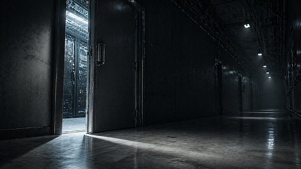 [Translate to English:] Leicht geöffnete Serverraumtür mit hellem Lichtstreif, der in einen dunklen Gang fällt.