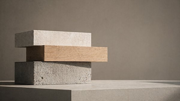 [Translate to English:] Skulptur aus drei gestapelten horizontalen Ebenen aus Beton, Holz und Stein in einem Studio mit seitlichem Licht.