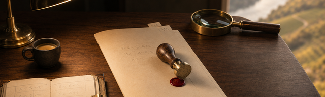 3/4 low eye-level on Mosel-side walnut desk: slim cream-paper dossier with two reiter-tabs, a single oxblood wax seal on the title page, walnut-handled brass petschaft diagonally across; lower-left brass-bound ledger with a four-row tier table in pencil; espresso cup in lamp pool; upper right brass loupe; right edge golden Mosel-terraced-vineyard bokeh.