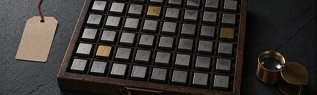 [Translate to English:] Hölzerner Setzkasten mit präzisem Raster aus Edelstahl-Würfeln auf glattem Beton; in drei Fächern stehen leicht abweichende Messing-Würfel gleicher Größe als stille Substitution. Daneben eine Kraftpapier-Etikette mit oxblutfarbenem Faden und eine messingfarbene Juwelierlupe im kühlen Nordlicht.
