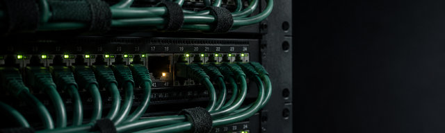 Server-Rack mit dicht organisierten grünen Patch-Kabeln, ein einzelner freier Port leuchtet hervor — Metapher für eine offene KI-Schnittstelle