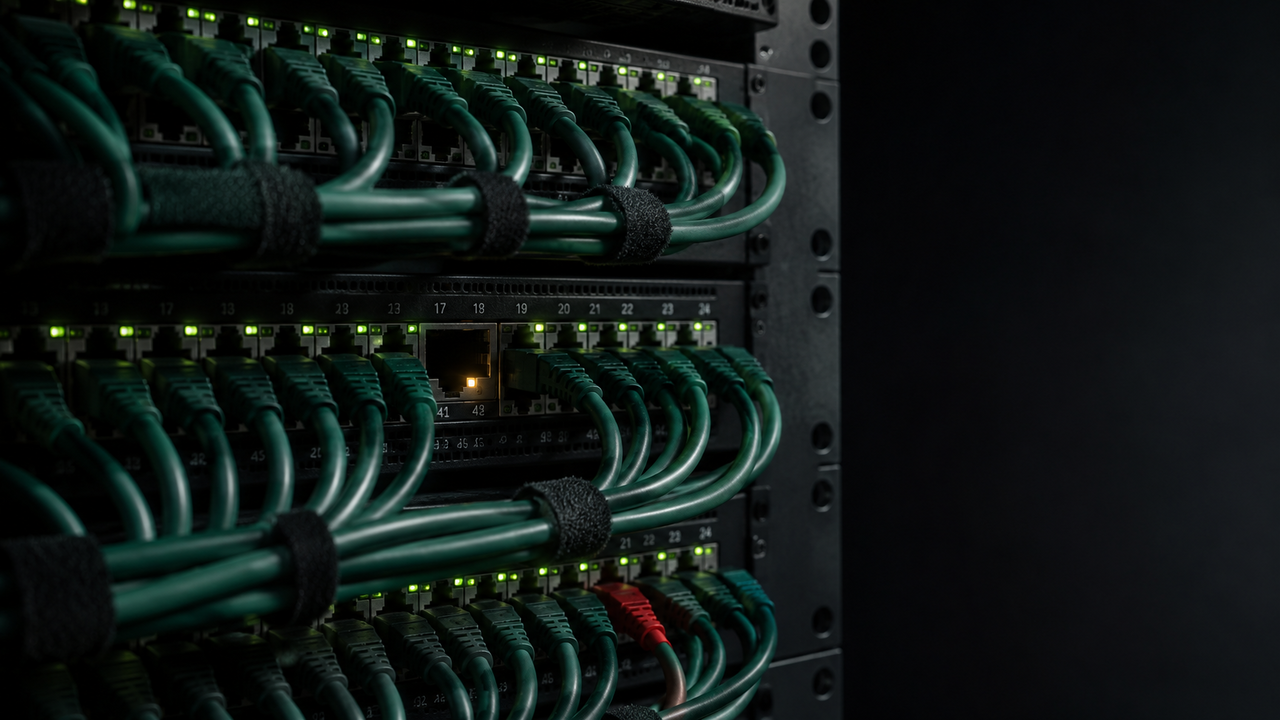 Server-Rack mit dicht organisierten grünen Patch-Kabeln, ein einzelner freier Port leuchtet hervor — Metapher für eine offene KI-Schnittstelle