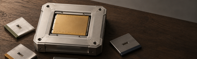 SAP × Anthropic Sapphire 2026: Claude as the reasoning engine inside Joule Precision-machined brushed-brass cartridge seated flush in a larger brushed-aluminium industrial chassis on an oak desk, four matched brushed-steel port plates fanning out from the four sides, each carrying a subtle sage, ochre, slate or petrol band. Soft directional daylight from the left.