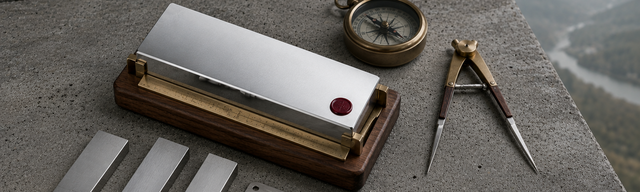 A polished set of stainless-steel gauge blocks on a weathered board-formed concrete plinth: centred, a larger stainless-steel master block held in a walnut-and-brass inspection setter; to the lower left, three smaller gauge blocks fanned out. On the top face of the master block a single oxblood enamel registry mark — the only saturated colour accent. Upper right, a brass-cased pocket compass with a glass cover and a pair of brass-and-stainless-steel dividers. Cool overcast daylight from above, a faint hint of brutalist concrete wall along the top edge, misty Mosel valley horizon along the right edge. Material and company name meet in the frame.