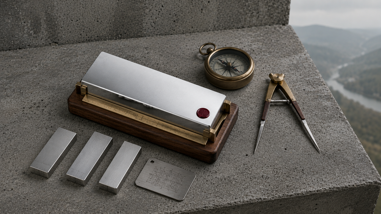 Ein poliertes Endmaß-Set aus rostfreiem Stahl auf einem verwitterten Sichtbeton-Plinth: zentral ein grösserer Stainless-Steel-Masterblock in einer walnussgerahmten Messing-Aufnahme, daneben links unten drei kleinere Endmaße im lockeren Fächer. Auf der Oberseite des Masterblocks ein einziger oxblutroter Eintragungspunkt als einziger gesättigter Farbakzent. Oben rechts ein messingbeschlagener Taschen-Kompass mit Glasdeckel und ein offener Messing-und-Edelstahl-Stechzirkel. Kühles bedecktes Tageslicht von oben, am oberen Bildrand eine Andeutung Sichtbetonwand, am rechten Rand verblauter Mosel-Horizont. Werkstoff und Firmenname treffen sich im Bild.