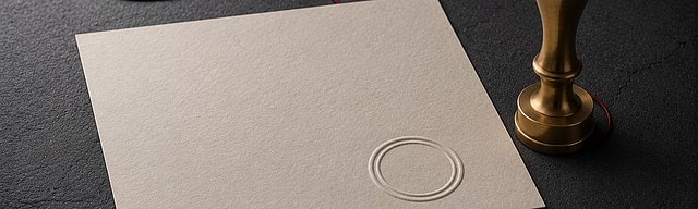 [Translate to English:] Ein messingfarbener Prägestempel auf cremefarbenem Papier mit leerem Prägekreis in der unteren Ecke, daneben ein gefalteter Brief auf Holz und ein oxblutfarbener Wachsstift mit messingfarbenem Lineal im kühlen Nordlicht.