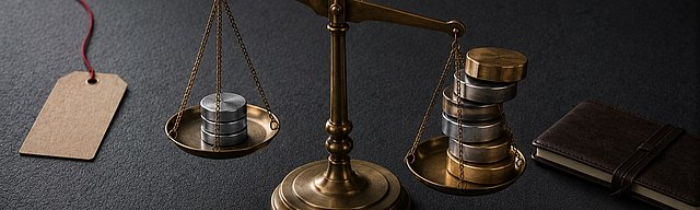 [Translate to English:] Eine messingfarbene Präzisionswaage auf glattem Beton: links eine kompakte Reihe identischer Edelstahlgewichte, rechts ein größerer Stapel gemischter Gewichte, die Waage neigt sich nach rechts; daneben eine Kraftpapier-Etikette mit oxblutfarbenem Faden und ein geschlossenes ledernes Notizbuch im kühlen Nordlicht.