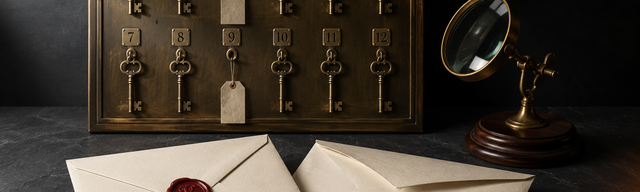 Two cream paper envelopes on dark slate, one sealed with an oxblood wax seal, the other opened with a brass key-shaped letter opener, with a brass key-cabinet showing two missing keys in the background.
