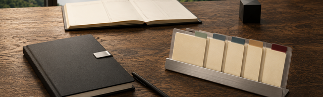 A walnut writing desk with two modern arrangements — on the left a single matte-black hardcover notebook with a brushed-steel page-clip in generous open space, on the right a brushed-aluminium card holder with five muted-pastel index cards and one deep-oxblood tab; between them a matte-black stylus. In the background the glass front of a modern Mosel valley house opens onto sunlit vineyard terraces.