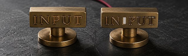 Two brass letterpress slugs on dark slate: the left one engraved with a clean serif INPUT, the right one identical but with a slim, polished gap between IN and PUT — as if a single character never reached the press. A single oxblood thread leaves the right slug toward the upper left of the frame.