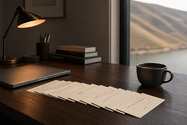 Fanned stack of cream-coloured index cards on a dark oak desk, next to a closed laptop and a coffee cup, the Mosel valley subtly visible through the right-hand window — metaphor for a queue of incoming patches being worked through methodically.