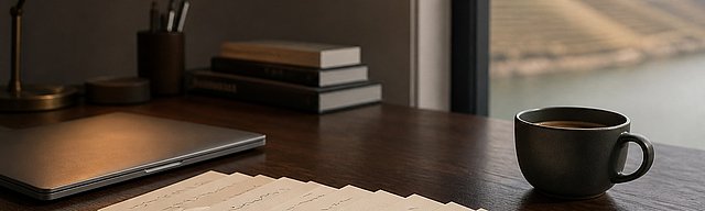 Fanned stack of cream-coloured index cards on a dark oak desk, next to a closed laptop and a coffee cup, the Mosel valley subtly visible through the right-hand window — metaphor for a queue of incoming patches being worked through methodically.