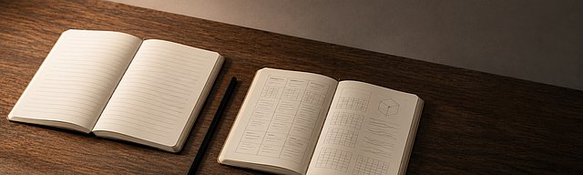 Two open sketchbooks side by side on an oak desk — flat evenly spaced pencil lines on the left, a denser multi-column layout with small diagrams and grids on the right, a single pencil lying diagonally between them. Editorial, quiet evocation of the structural contrast between a flat and a richer output format.