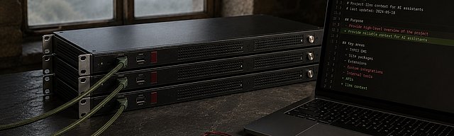 Three matte-black server edge boxes with sage-green patch cables on a Mosel slate surface, modern Mosel house with vineyard view in sunny daylight in the background, plus an open laptop showing a llms.txt code diff.