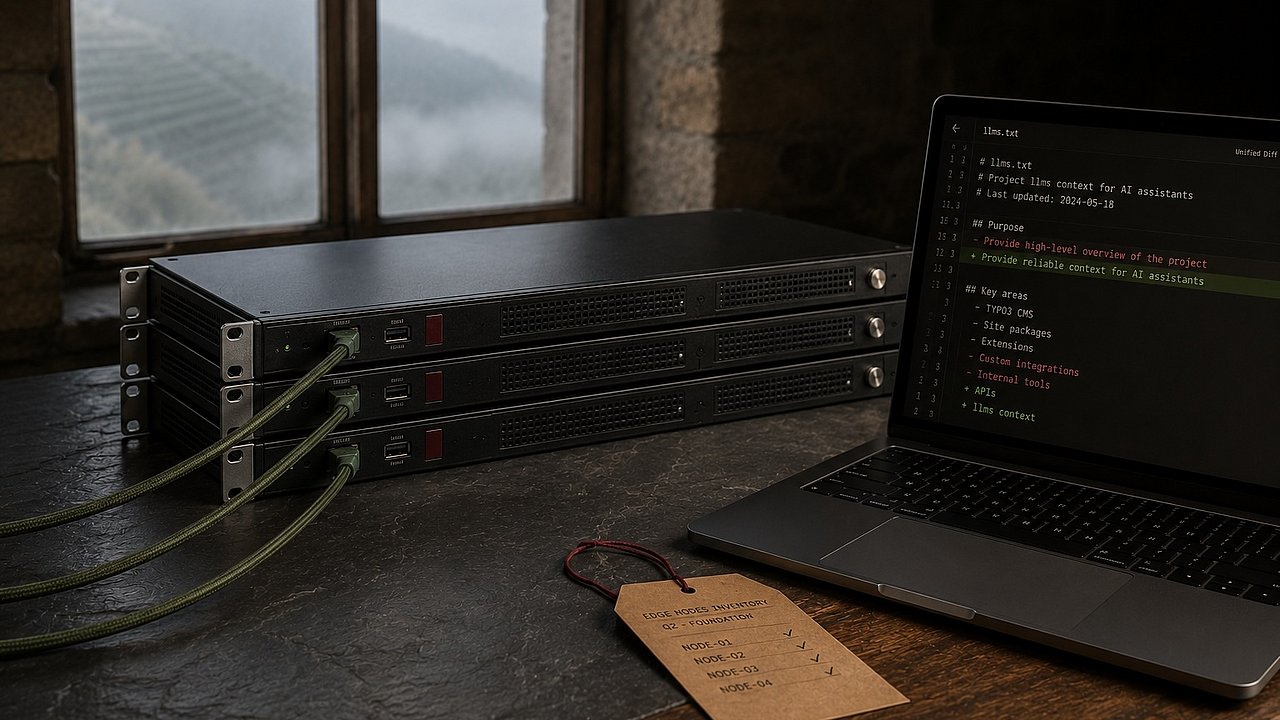 Drei mattschwarze Server-Edge-Boxen mit sage-grünen Patch-Kabeln auf einem Mosel-Schiefer-Tisch, im Hintergrund modernes Moselhaus mit Fensterblick auf sonnige Weinberg-Terrassen und ein aufgeklappter Laptop mit Code-Diff aus einer llms.txt.