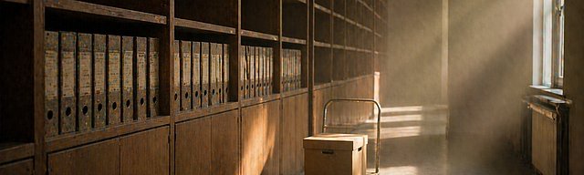 [Translate to English:] Fast leeres Archiv mit langen Holzregalen und einem einzelnen Karton auf einem Rollwagen im warmen Nachmittagslicht.