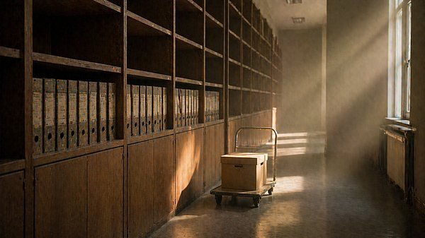 [Translate to English:] Fast leeres Archiv mit langen Holzregalen und einem einzelnen Karton auf einem Rollwagen im warmen Nachmittagslicht.