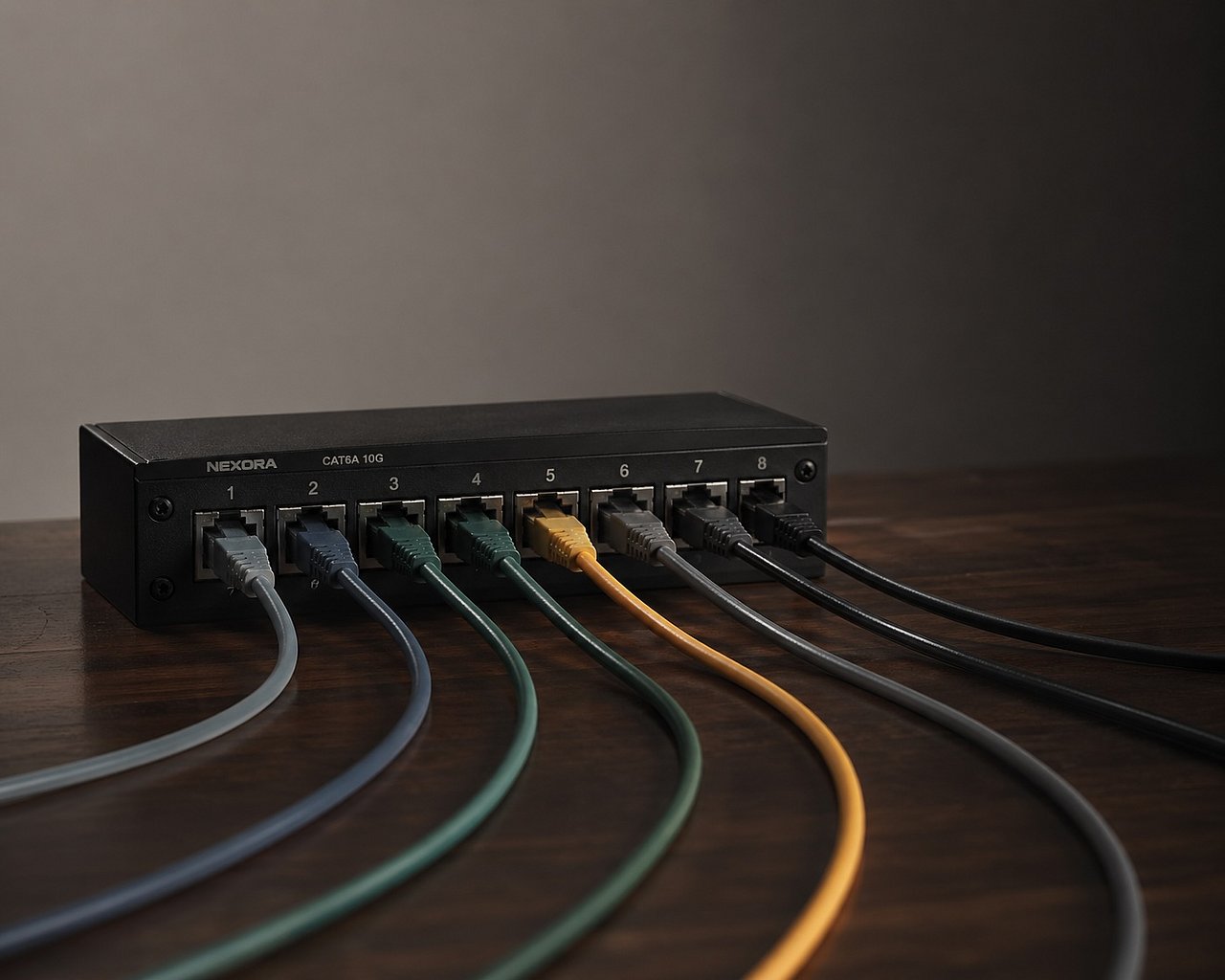 Modernes mattschwarzes Patch-Panel auf einem dunklen Holz-Schreibtisch mit mehreren Kurzpatchkabeln in unterschiedlichen gedämpften Farben, die in verschiedene Richtungen abgehen, im weichen Studiolicht.