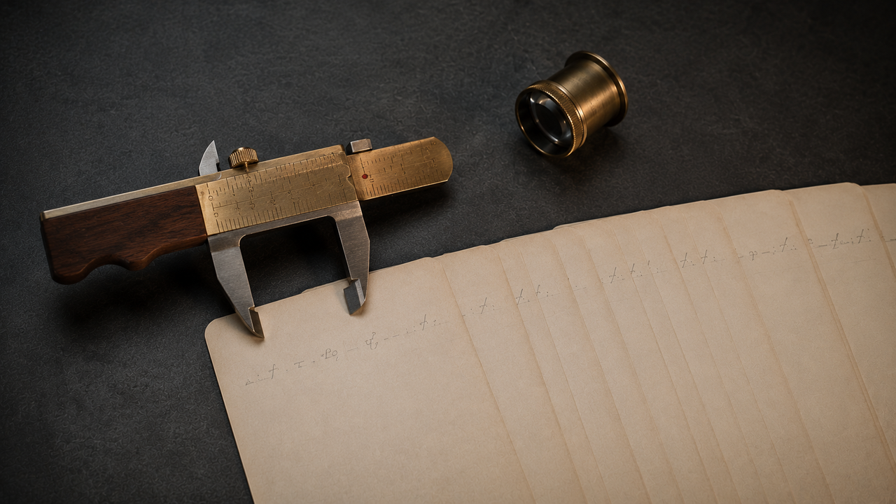 Ein walnussgriffiger Messschieber aus Messing klemmt um die vordere Kante eines aufgefächerten Stapels cremefarbener fotografischer Testkarten, die sich nach rechts unten weit über die Reichweite des Schiebers hinaus erstrecken. Am Mess-Punkt sitzt ein einzelner oxblutroter Email-Punkt als einziger gesättigter Akzent. Oben rechts eine messingbeschlagene Lupe, Linse zum ungemessenen Teil des Stapels geneigt. Kühles Studio-Schlüssellicht von links oben, warmes Rim-Licht von rechts unten, auf mattem dunklem Schiefer.