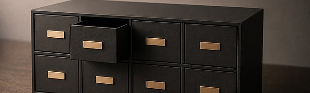 Matte-black drawer block with eight identical drawers and brass label plates, one drawer slightly pulled out, soft daylight.