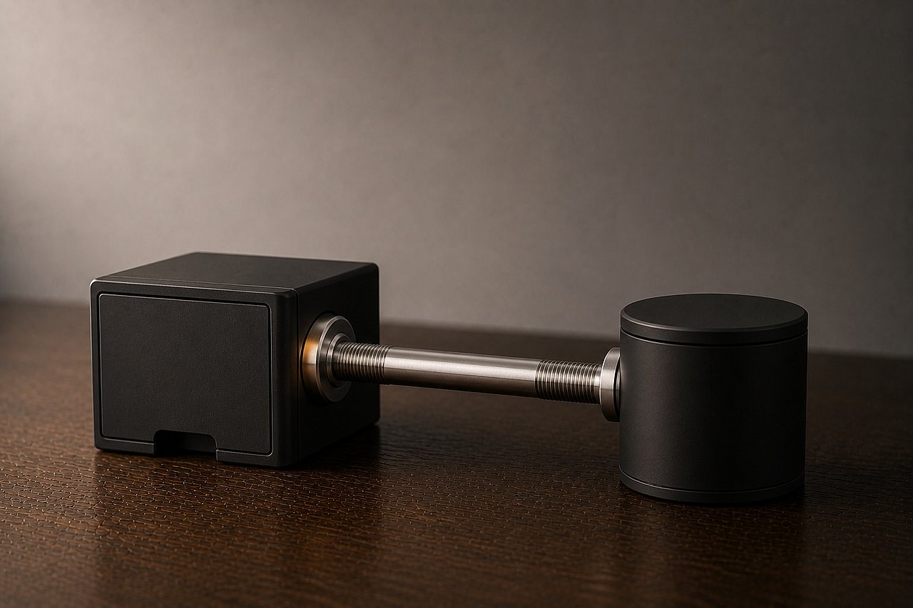 Zwei matt-schwarze Präzisions-Module — eines rechteckig, eines zylindrisch — über einen gebürsteten Aluminium-Pivot-Träger verbunden, weiches Tageslicht.
