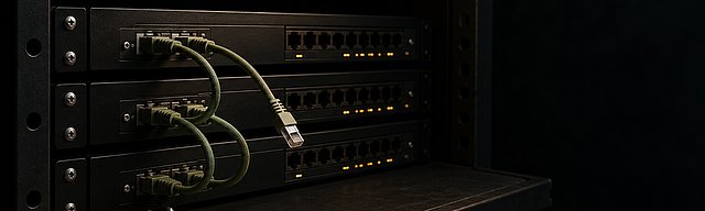 [Translate to English:] Dunkles Linux-Server-Rack mit drei sage-grünen Patch-Kabeln zwischen Switch-Ports; das mittlere Kabel hängt halb herausgerissen und lose vor matt-schwarzen 1U-Edge-Boxen, daneben ein deep-oxblood Label-Tag — visuelle Metapher für die dritte XFRM-LPE in drei Wochen.