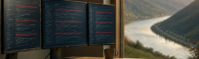 [Translate to English:] Büro-Bild mit drei Monitoren, roten Warn-Akzenten und Mosel-Fensterblick im Abendlicht