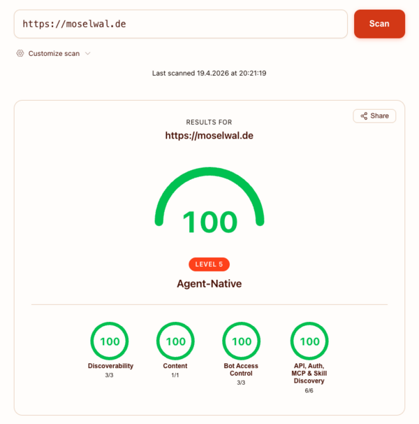 [Translate to English:] Cloudflare Agent-Readiness Scan: moselwal.de — Score 100, Level 5 Agent-Native