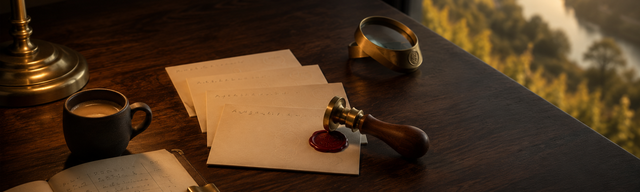 A slim fan of paper-cream skill cards on a warm dark walnut desk; on the front card a freshly set wax pool in deep saturated oxblood lacquer under a walnut-handled brass seal handle. Lower left an open brass-bound cataloguer's ledger, upper right a brass magnifying loupe, along the right edge a soft golden bokeh view of the Mosel valley vineyards.