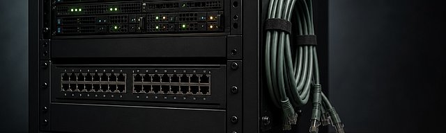 A matte-black server rack with two distinct sections — upper section with active status LEDs, lower section with neatly disconnected patch cables, cool studio light — metaphor for isolation and continuity as a planned dual discipline.