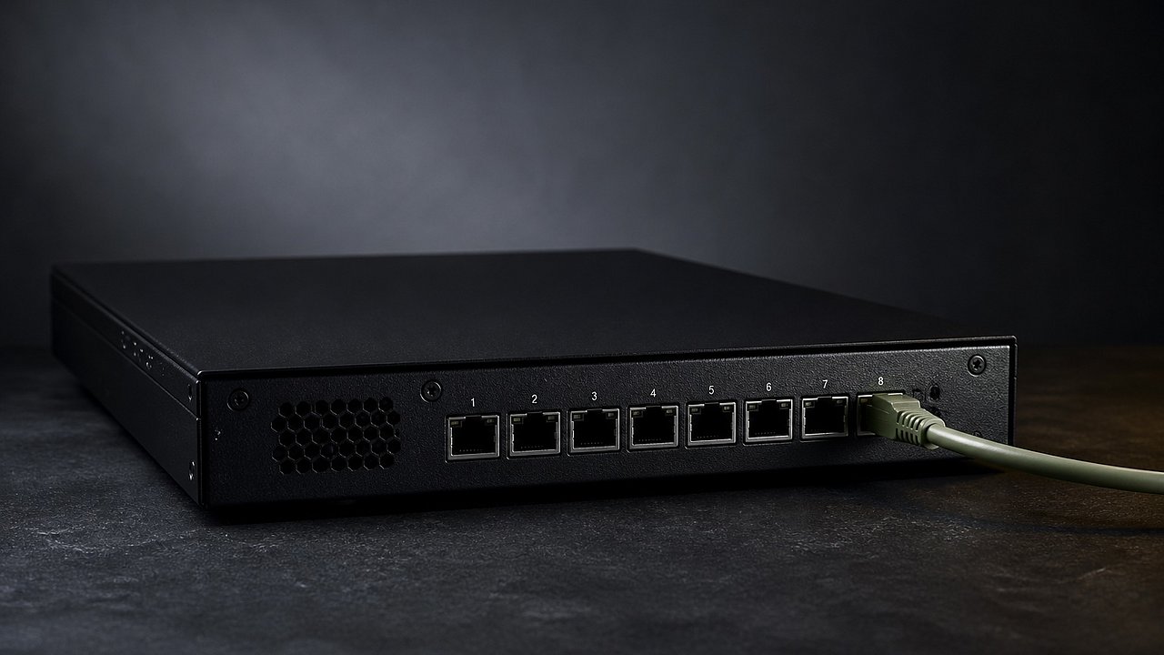 Mattschwarze Server-Edge-Box mit acht Netzwerkports — nur einer verbunden mit einem sage-grünen Patch-Kabel, sieben absichtlich offen, kühles Studiolicht von links — Metapher für deterministische Isolation als Security-Default.