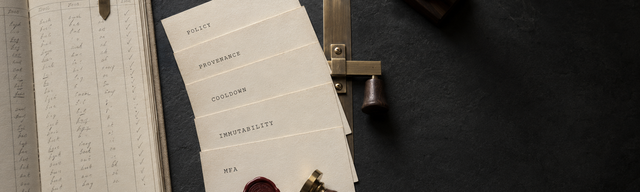 A fan of five cream policy cards on dark slate labelled MFA, IMMUTABILITY, COOLDOWN, PROVENANCE and POLICY; the front card carries a freshly pressed oxblood wax bead under a walnut-handled brass cipher-stamp, next to an open linen-bound maintainer ledger, a brushed-brass lockbar mechanism and a tilted brass loupe in the background.