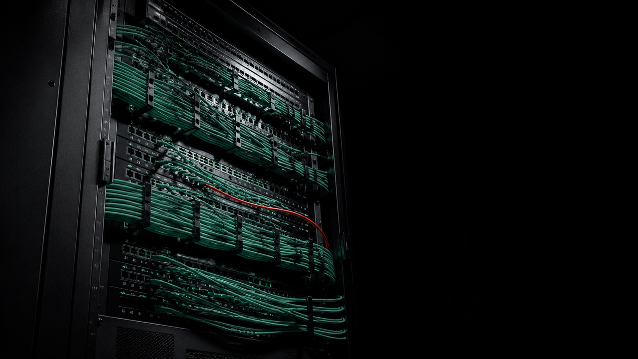 Server-Rack mit dicht gebündelten grünen Patch-Kabeln in einem dunklen Rechenzentrum — symbolisiert die technische Infrastruktur einer AI-ready Plattform.