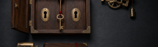Open walnut-and-brass key cabinet on a matte dark slate surface with two identical keyhole slots. A brushed brass master key with an oxblood ribbon hangs on a walnut pendulum arm exactly between the two slots, engaging neither. Lower left a brass tally counter and a closed walnut logbook; upper right a brass clock-escapement mechanism. Metaphor for the unbounded resend loop in the resolver state machine, pendulating between two "bad server" states without closing.