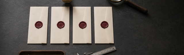 Four cream-paper letters with identical oxblood wax seals on matte slate, a brass signet press resting unused beside them — though the seals were meant to be verified.