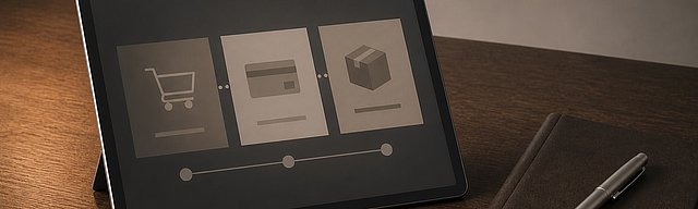 A modern tablet showing a calm order workflow as geometric shapes on an oak desk, next to it a leather-clad ledger and an aluminium pen, soft daylight.