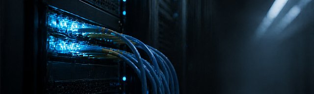 [Translate to English:] Serverschrank im halbdunklen Rechenzentrum mit leuchtenden blauen Status-LEDs an einem Patchfeld.